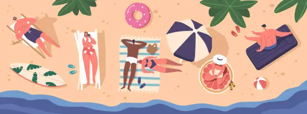 Vector illustration of Male And Female Characters Relaxing On A Sun-drenched Beach, Spreading Colorful Towels On Golden Sand