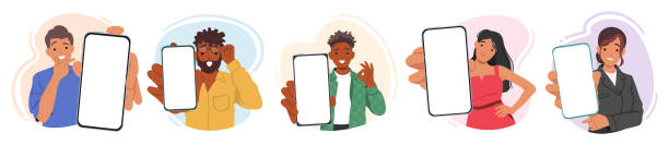 illustrations, cliparts, dessins animés et icônes de jeunes personnages masculins et féminins tenant des smartphones avec des écrans vides, prêts pour la personnalisation ou l’utilisation de l’application - tenir
