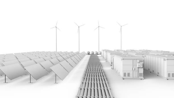 3d rendering amount of energy storage systems or battery container units with solar and turbine farm - fuel and power generation wind turbine solar panel alternative energy imagens e fotografias de stock