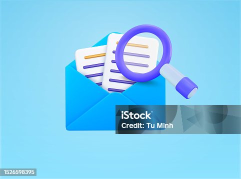 istock 3d opened envelope with letters, magnifying glass, isolated on background. Concept for reading email, message, sms, scanning, inspecting, checking, examing. 3d vector illustration. 1526598395