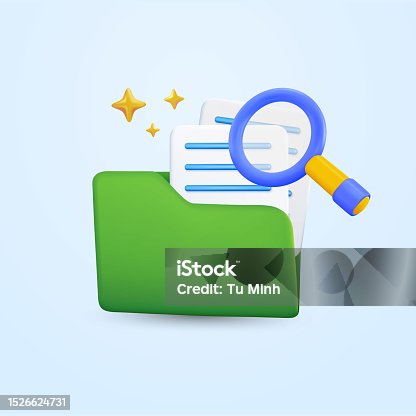 istock 3d files and folder, magnifying glass in minimal style, isolated on background. Object for computer, data, documents, accounting, searching, indexing. 3d vector illustration. 1526624731