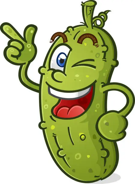 Vector illustration of Winking pickle cartoon character pointing with attitude