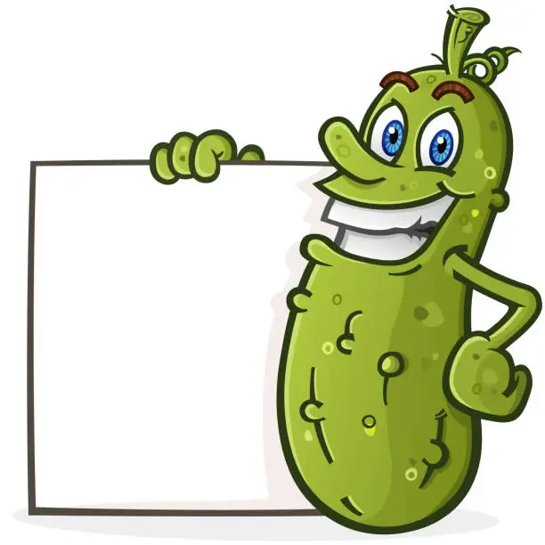 Vector illustration of Cool pickle with attitude holding a large blank sign