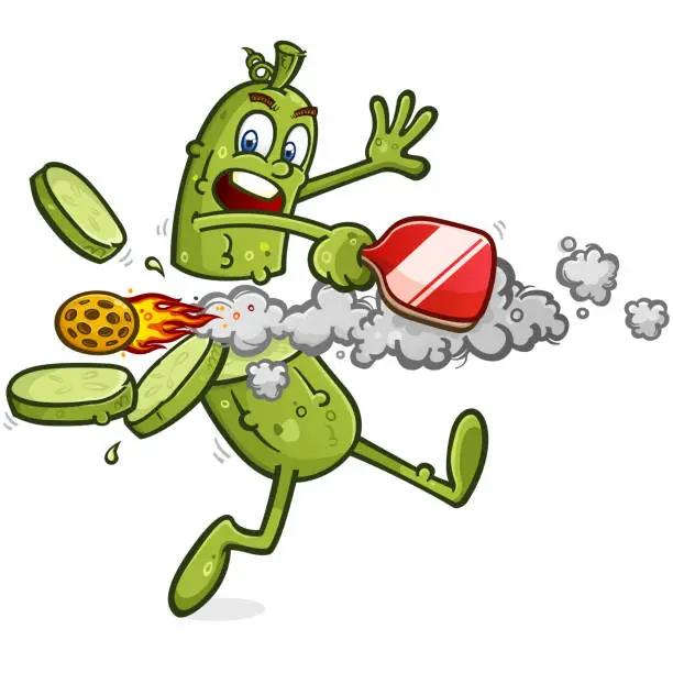 Vector illustration of Pickle cartoon character getting blasted into sandwich slices by a fast moving pickleball fireball