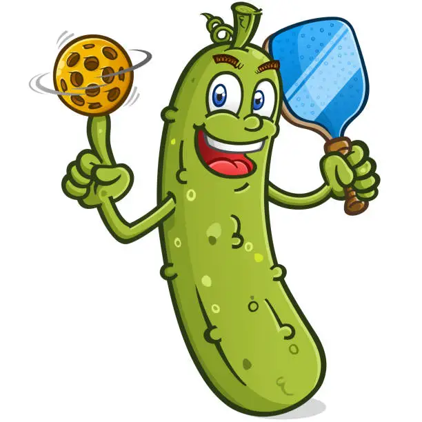 Vector illustration of Cool pickle with attitude spinning a pickleball on his finger like a basketball
