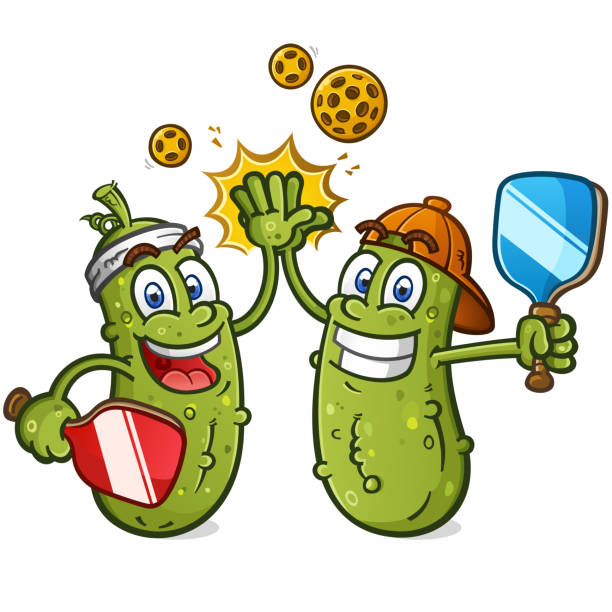 Pickle cartoon mascot teammates high fiving after a heated match on the pickleball court vector art illustration