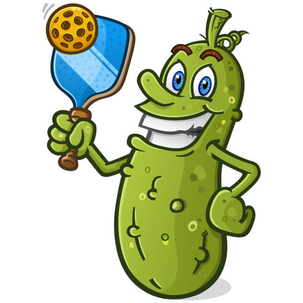 ilustrações, clipart, desenhos animados e ícones de mascote dos desenhos animados pickle sorrindo com atitude batendo um pickleball com sua raquete azul - tennis court tennis ball table tennis