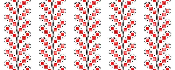 Vector illustration of Ukrainian vector pattern. Ukrainian traditional embroidery of berries. Pattern in red and black colors. Pixel art, vyshyvanka, berries cross stitc