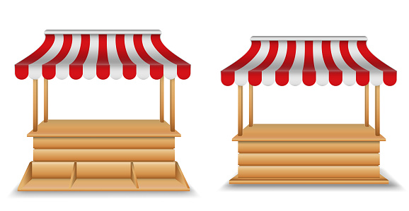 realistic market stall wooden kiosk or market stall with striped awning isolated. 3d illustration