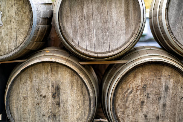 Old wood wine casks stacked stock photo