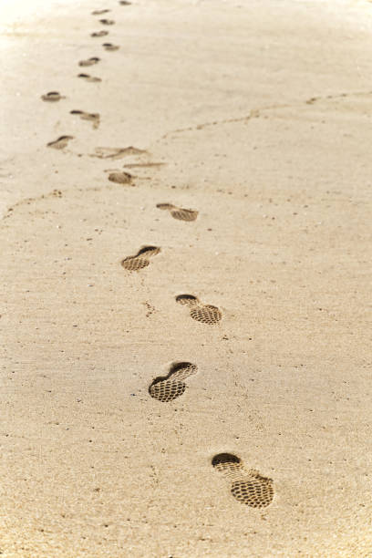 Shoe marks on the sandy beach stock photo