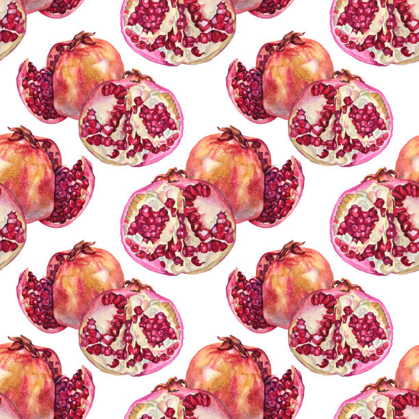 istock Seamless pattern with watercolor hand-drawn arrangement with red garnet and seeds on white background. Pomegranate for menu card or textile. Food fruit for kitchen sticker wallpaper or wrapping 1526796781