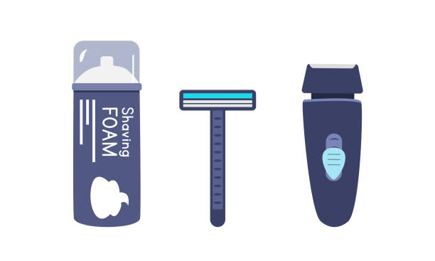 borotvakrém, klasszikus borotva és elektromos borotva készlet lapos stílusú vektoros illusztrációval. egyszerű borotválkozási készlet vektorkészlet, clipart, rajzfilm, kézzel rajzolt firka. férfi hazai aranyos vektoros illusztráció - borotva témájú stock illusztrációk