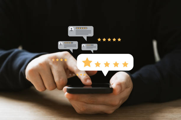 Discover user ratings & feedback on mobile apps. Evaluate service quality & reputation. Captivating customer satisfaction concept. stock photo