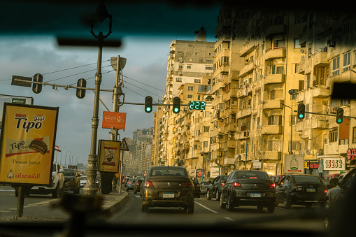 Alexandria, Egypt - June 21, 2023: Traffic jam in Alexandria during sunset. Alexandria traffic is one of the worst in world.