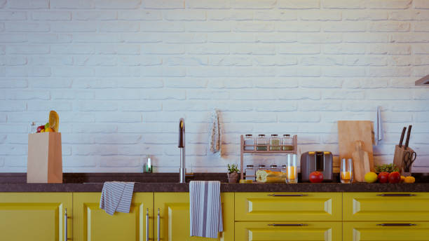 istock modern kitchen interior with vivid color furniture and white brick wall, 3d rendering 1526919409