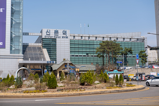 Seoul,South Korea - 3 April 2023: Sinchon Station building. It is the station on Line 2 of the Seoul Metropolitan Subway in Mapo-gu, north of the Han River.