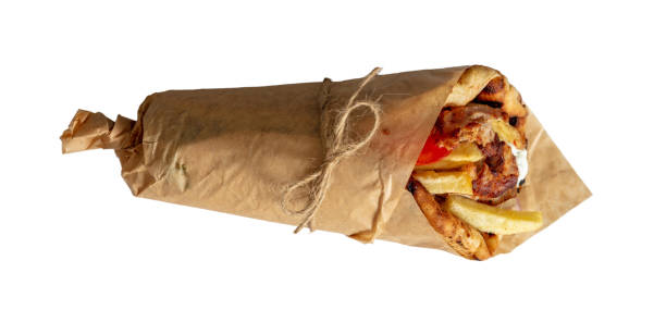 Gyro pita Shawarma, Souvlaki isolated cutout on white background. Greek, Turkish meat food, top view stock photo