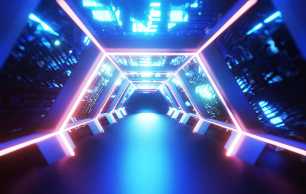 istock Glowing Techno Corridor Futuristic 3D Render with Abstract Design-High-Tech, Cyber and Neon Elements 1526979427