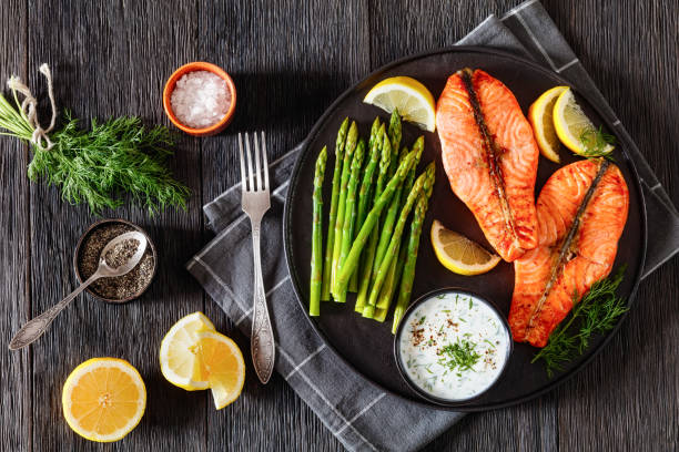 roast salmon steaks with asparagus and dill sauce