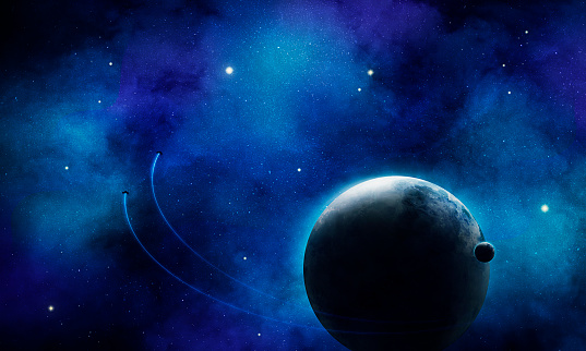 beautiful blue planet in blue tones against the background of space and stars, abstract space 3d illustration, background
