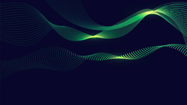 istock Dynamic green particle wave line on dark blue abstract background. Abstract sound visualization. Digital structure of the wave flow of luminous particles. 1527030940