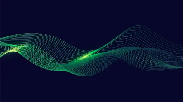 Vector illustration of Dynamic green particle wave line on dark blue abstract background. Abstract sound visualization. Digital structure of the wave flow of luminous particles.