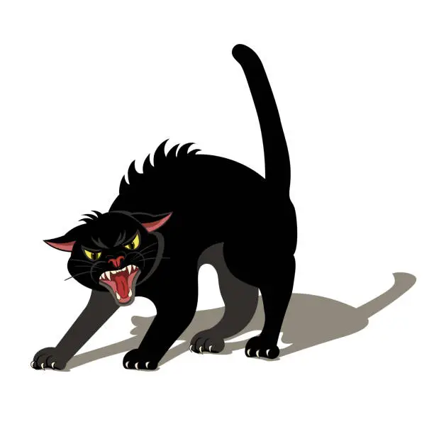 Vector illustration of Angry black cat hissing