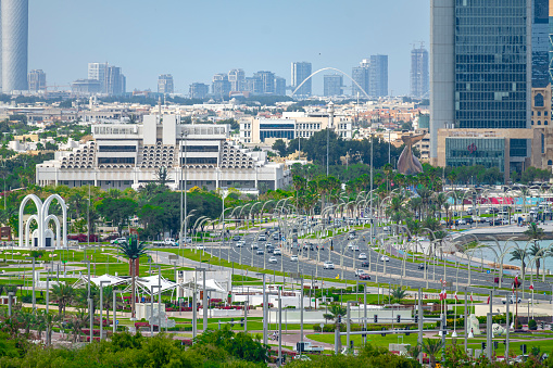 Doha, Qatar - July 04, 2023: Aerial view of Q Post Building corniche road Qatar