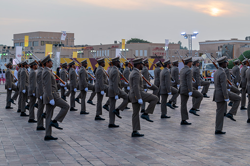 Doha, Qatar - December 14, 2021: Army Soldier Parade in style at Katara cultural village