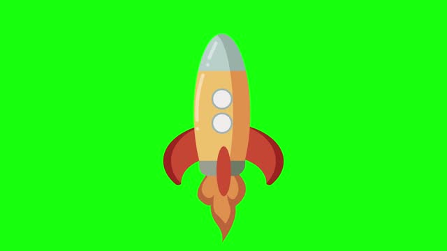 cute rocket spaceship flying through the clouds, green screen background, loop animation