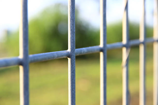 istock Thin wire fence barrier between the grass is long. 1527060406