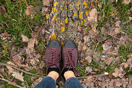 Stepping up onto a boulder on a hike.