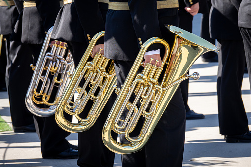 brass, tuba, lying, ground, cobbled, street, soldier, musicians,