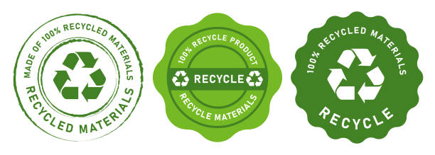 recycling-emblem runder anhänger zu 100 prozent aus recyclingmaterialien grün - nachhaltig bauen stock-grafiken, -clipart, -cartoons und -symbole