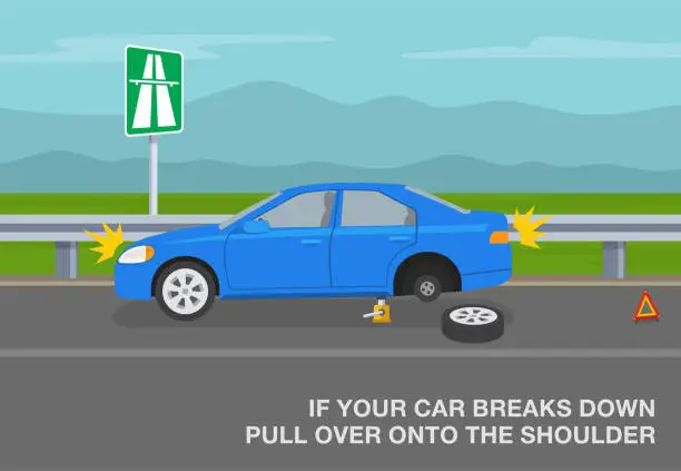 Vector illustration of Safety driving rules on an expressway. If your car breaks down, pull over onto the shoulder of the road. Traffic rules on highway, speedway, motorway. Broken car.