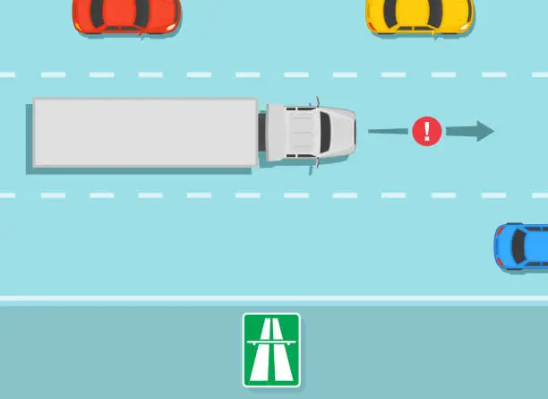 Vector illustration of Heavy vehicle driving rules and tips. Slower traffic keep right except to pass. Trucks use right lane.