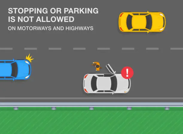 Vector illustration of Traffic rules on highway, speedway, motorway. Stopping or parking is not allowed on motorway and highways. Driver gets out of a white car on the street. Top view. \