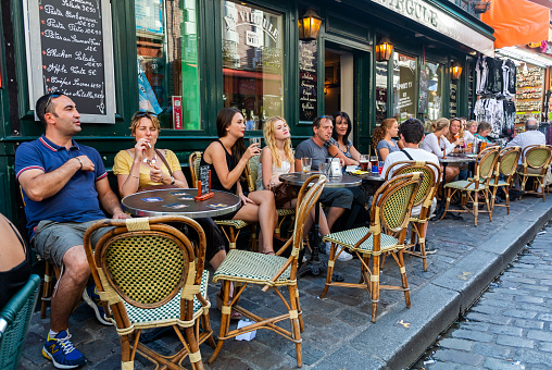 Paris, France, Crowd People, Tourists Sharing Drinks, Relaxing at Paris Café, Day, Terrace Point Virgule