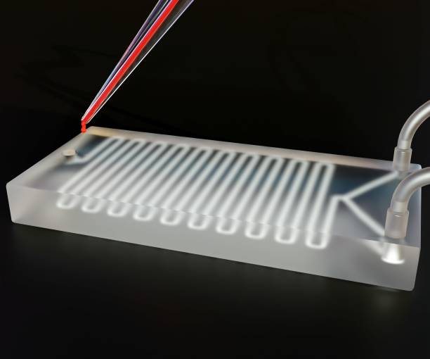 chip microfluidico isolato con campione di sangue all'interno della micropipetta - microarray foto e immagini stock