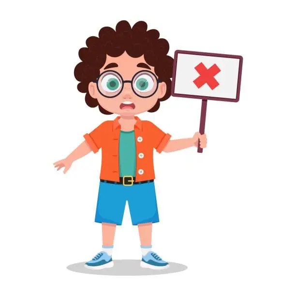 Vector illustration of Cute boy holding a disapproving sign