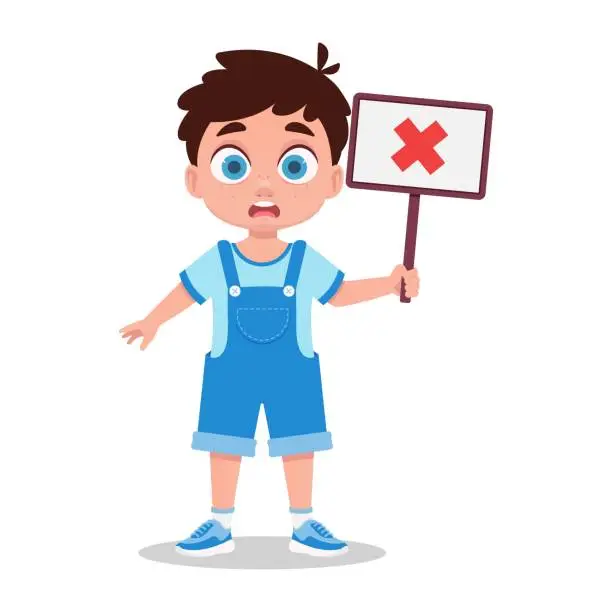 Vector illustration of Cute boy holding a disapproving sign