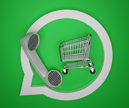 Whatsapp inspired logo contain telephone and white bubble with shopping cart