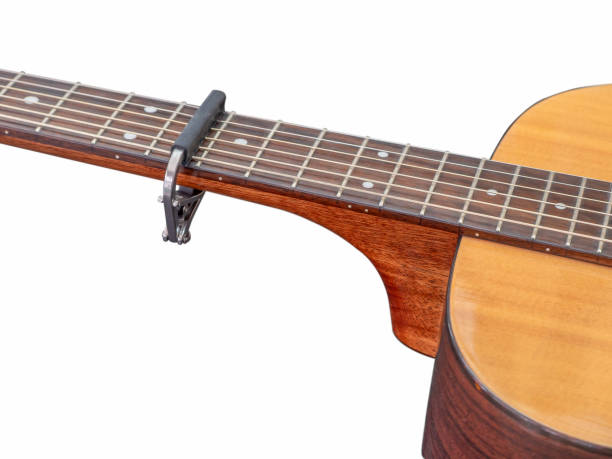 istock Capo on the Acoustic guitar neck , capro made from aluminium, white background. Selective focus at capo 1527302301