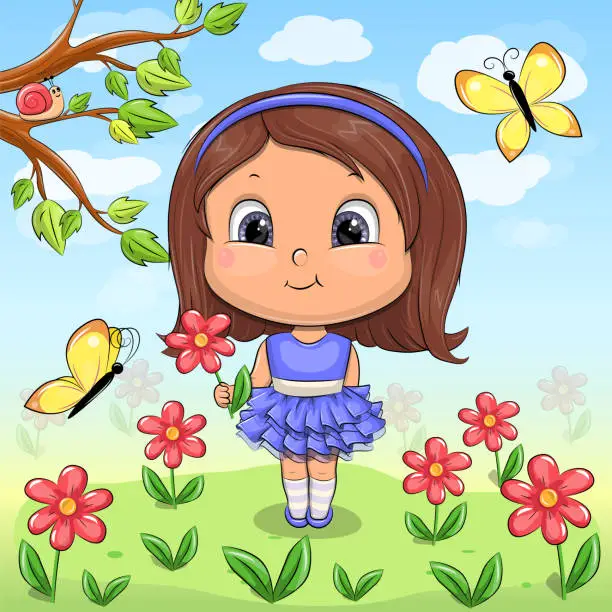 Vector illustration of Cute cartoon girl in a blue dress in the garden.