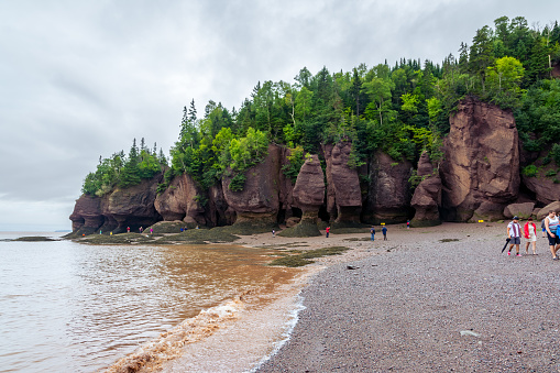 Bay of Fundy, Canada - August 12, 2015:People walk on the bottom of the Bay of Fundy as the tide is out on an overcast day