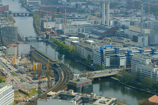 Aerial panoramic view of Berlin Germany and the river Spree
