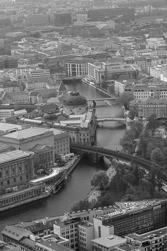 Aerial panoramic view of Berlin Germany and the river Spree in black and white