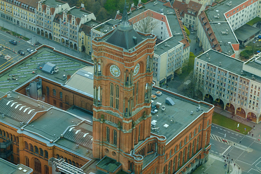 Berlin, Germany - April 19, 2023 : Aerial view of the Rotes Rathaus, the town hall of Berlin Germany
