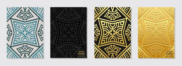 Vector illustration of Cover set, vertical templates. Exotic collection of embossed geometric backgrounds with ethnic 3D pattern, golden texture. Tribal traditions, boho style of East, Asia, India, Mexico, Aztec.
